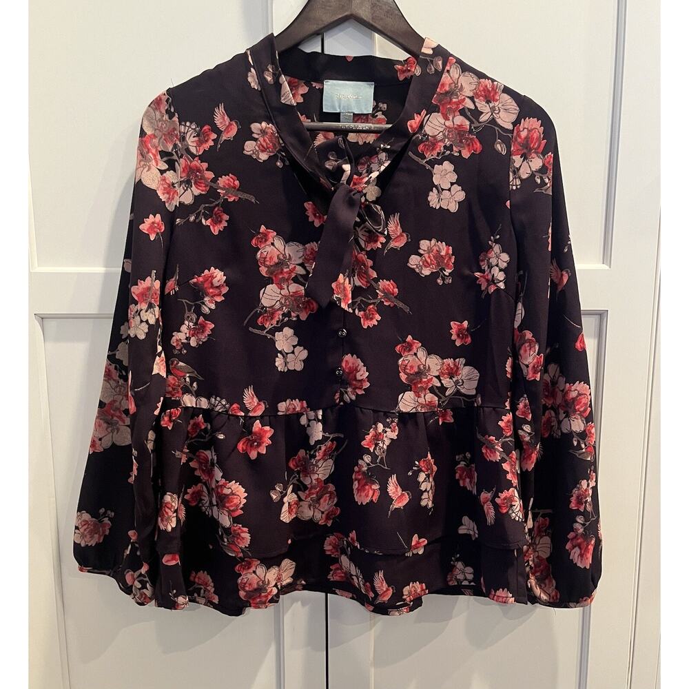 Skies Are Blue Boho Floral Top Tie Bow Neck Wide Sleeve Sz XS NWOT